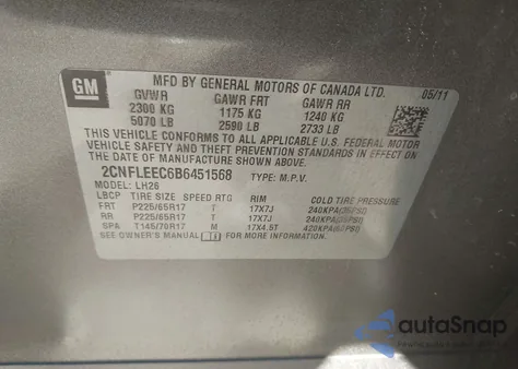 2011 Chevrolet Equinox 1Lt z USA, uszkodzony, nr VIN 2CNFLEEC6B6451568